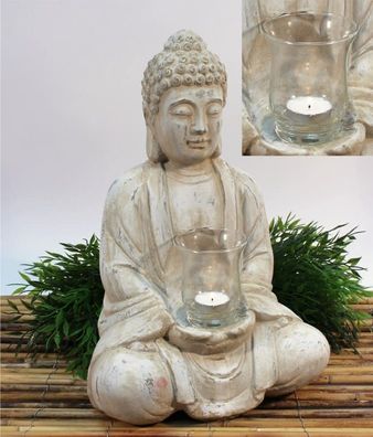 Buddha Terrakotta mit Teelichtglas, creme gebürstet, 19x25x40 cm