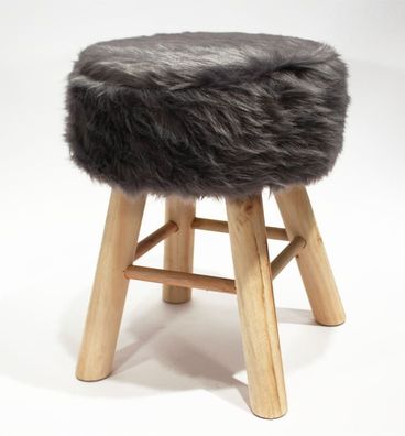 Hocker Holz mit Langhaar- Kunstfellbezug grau runde Sitzfläche DH: 30x42cm