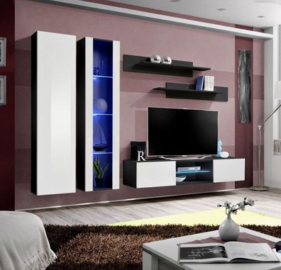 Modern Wohnwand Set Schwarz Hänge Vitrine Designer Wohnzimmer Möbel TV-Ständer