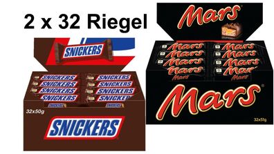 2 x 32 Riegel - Snickers + Mars - je 1 Thekendisplay a´ 32 Riegel