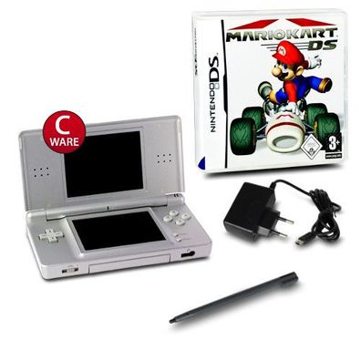 Nintendo DS Lite Handheld Konsole Silber #73C + ähnl Ladekabel + Mario Kart DS