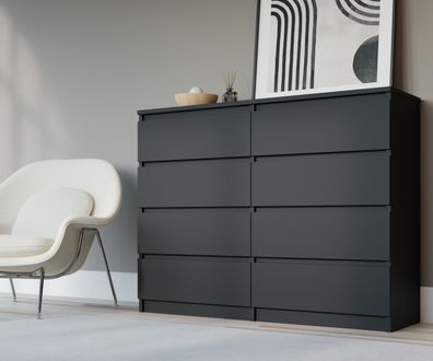 Kommode, Sideboard mit 8 Schubladen in Schwarz Matt, H: 101 cm, B: 120 cm, T: 39 cm