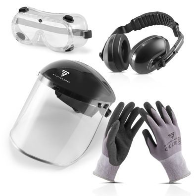 Stahlwerk 4-teiliges Set Gehörschutz Korbbrille Gesichtsschutzschild Handschuhe