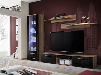 Modern Design Braun Wohnwand Holz Wand Regale Komplett TV-Ständer Vitrine Möbel