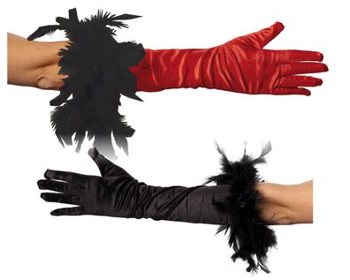 lange Handschuhe schwarz o rot m schwarzer Boa Damen Karneval Halloween Fasching