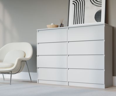 Kommode, Sideboard mit 8 Schubladen in weiß matt, H: 101 cm, B: 138 cm, T: 39 cm