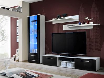 Wohnzimmermöbel Weiß Wohnwand Sideboard TV-Ständer Vitrine Hochglanz Regale