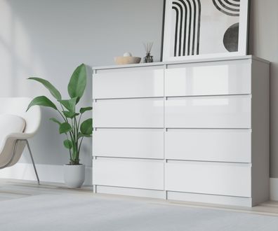 Kommode, Sideboard mit 8 Schubladen in weiß/ weiß Glanz, H: 101 cm B: 138 cm T: 39cm