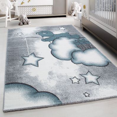 Teppich Kinderteppich Rund Kurzflor Pflegeleicht Bär Kinderzimmer Blau