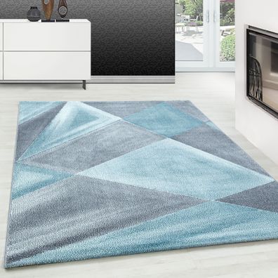 Modern Designer Teppich Geometrische Muster Kurzflor Grau Blau Weiß Meliert