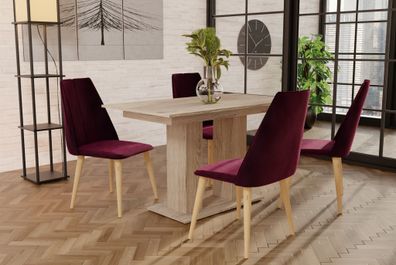 Essgruppe Sonoma matt-Tisch mit 4 Bordeauxrot CAROS Stühlen für Esszimmer, Küche