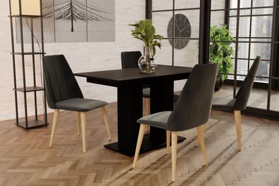 Essgruppe Schwarz matt-Tisch mit 4 Dunkelgrau CAROS Stühlen für Esszimmer, Küche