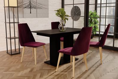 Essgruppe Schwarz matt-Tisch mit 4 Bordeauxrot CAROS Stühlen für Esszimmer, Küch