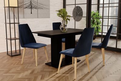 Essgruppe Schwarz matt-Tisch mit 4 Dunkelblau CAROS Stühlen für Esszimmer, Küche