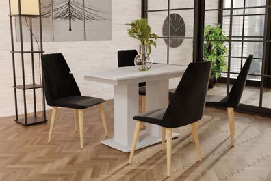 Essgruppe Weiss matt-Tisch mit 4 Schwarz CAROS Stühlen für Esszimmer oder Küche