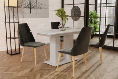 Essgruppe Weiss matt-Tisch mit 4 Dunkelgrau CAROS Stühlen für Esszimmer oder Küc
