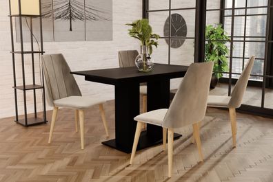 Essgruppe Schwarz matt-Tisch mit 4 Creme CAROS Stühlen für Esszimmer, Küche
