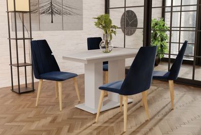 Essgruppe Weiss matt-Tisch mit 4 Dunkelblau CAROS Stühlen für Esszimmer oder Küc