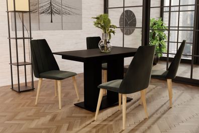 Essgruppe Schwarz matt-Tisch mit 4 Braun CAROS Stühlen für Esszimmer, Küche