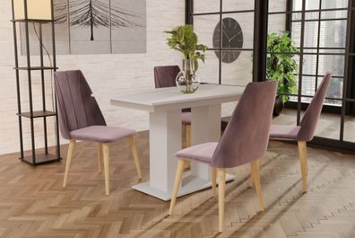 Essgruppe Weiss matt-Tisch mit 4 Flieder CAROS Stühlen für Esszimmer oder Küche