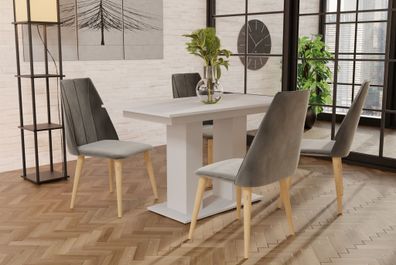 Essgruppe Weiss matt-Tisch mit 4 Grau CAROS Stühlen für Esszimmer oder Küche