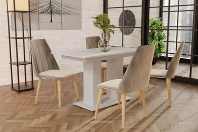 Essgruppe Weiss matt-Tisch mit 4 Creme CAROS Stühlen für Esszimmer oder Küche