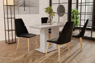 Essgruppe Weiss HGL-Tisch mit 4 Schwarz CAROS Stühlen für Esszimmer oder Küche