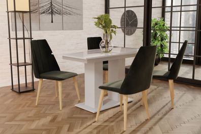 Essgruppe Weiss HGL-Tisch mit 4 Braun CAROS Stühlen für Esszimmer oder Küche