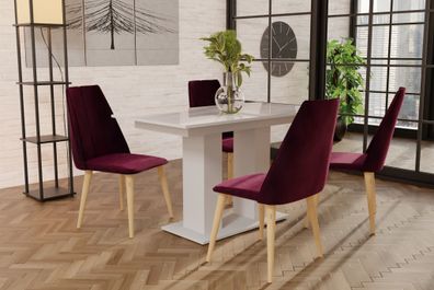 Essgruppe Weiss HGL-Tisch mit 4 Bordeauxrot CAROS Stühlen für Esszimmer oder Küc