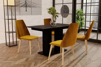 Essgruppe Schwarz matt-Tisch mit 4 Gelb CAROS Stühlen für Esszimmer, Küche