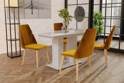 Essgruppe Weiss HGL-Tisch mit 4 Gelb CAROS Stühlen für Esszimmer oder Küche
