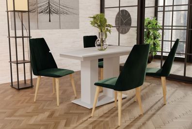 Essgruppe Weiss matt-Tisch mit 4 Grün CAROS Stühlen für Esszimmer oder Küche