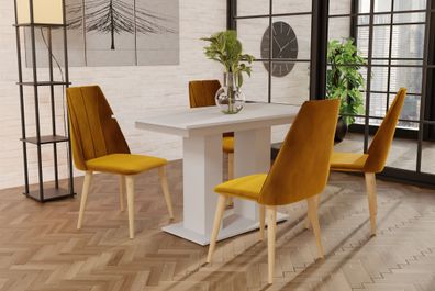 Essgruppe Weiss matt-Tisch mit 4 Gelb CAROS Stühlen für Esszimmer oder Küche