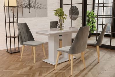 Essgruppe Weiss HGL-Tisch mit 4 Grau CAROS Stühlen für Esszimmer oder Küche