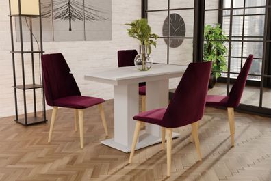 Essgruppe Weiss matt-Tisch mit 4 Bordeauxrot CAROS Stühlen für Esszimmer oder Kü