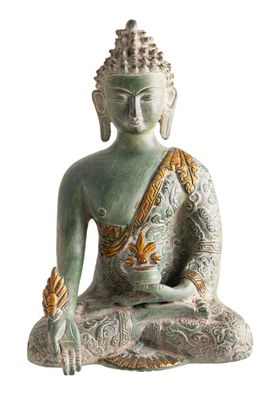 Medizin BUDDHA Messing Sandstein grün gold 24 cm 2,7 kg Buddhafigur Altarfigur