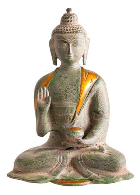 Buddha Kanakamuni Messing Sandstein grün gold 15 cm 1,1 kg Buddhafigur Altarfigur