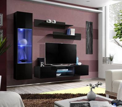 Schwarz Wohnzimmer Luxus Wohnwand Hänge VitrineModerne TV-Ständer Holz Neu