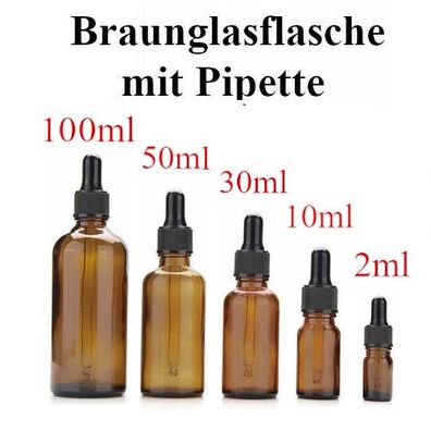 Braunglas Flasche mit Pipette - Leere Pipettenflasche 2, 10, 30, 50 & 100ml