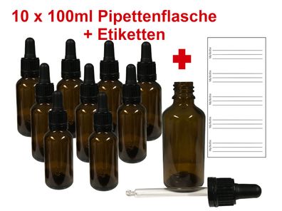 10 x 100ml Pipettenflasche Apotheker-/ Braunglasflasche + Etiketten + Pipetten