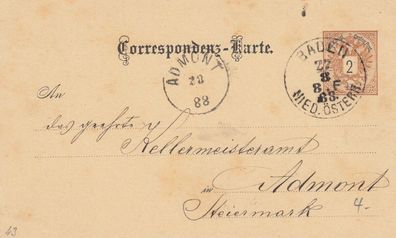Österreich Correspondenz-Karte aus dem Jahr 1888 von Baden nach Admont