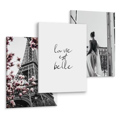 Muralo Leinwandbilder Set Aufhängefertig Paris Eiffelturm Frau Zitat Wanddeko 90x40cm
