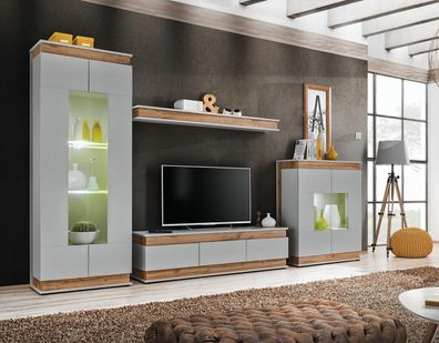 Moderne Grau Braune Wohnwand Holz TV-Ständer 2x Vitrinnen Luxus Design