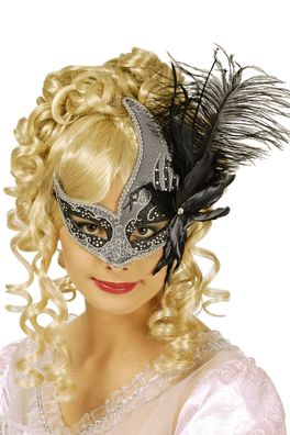Venezia Maske Guilia schwarz/ silber m. Federn Maskenball Karneval Halloween