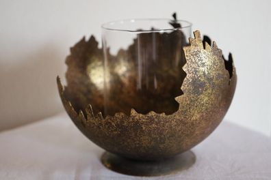 Kerzenhalter mit Schale DORÉ, 15 cm, mit Glaszylinder, Metall, Farbe Altgold