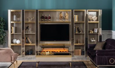 Wohnzimmer Wohnwand Holz Luxus Garnitur neu Stil Modern Luxus Beige