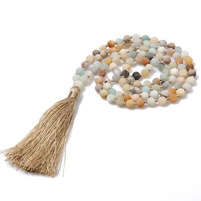Damen-Halskette, aus Amazonit-Perlen, Halskette mit Quaste, mattiert
