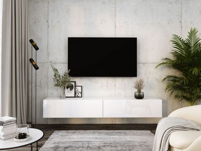 TV-Schrank, Lowboard in Weiß matt & Weiß Hochglanz B: 200 cm, H: 34 cm, T: 32 cm