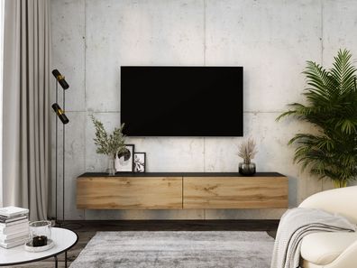 TV-Schrank, Lowboard in Schwarz & Wotan Eiche B: 200 cm, H: 34 cm, T: 32 cm