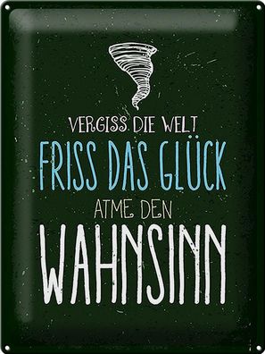 Blechschild Spruch Glück vergiss Welt atme Wahnsinn 30x40 cm Schild tin sign